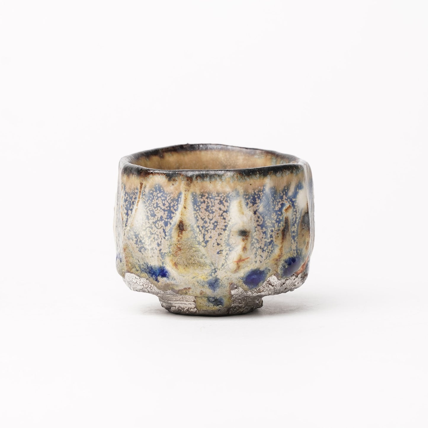 Nobuhito Nakaoka Colored Ash Glaze Guinomi Sake Cup with Silver