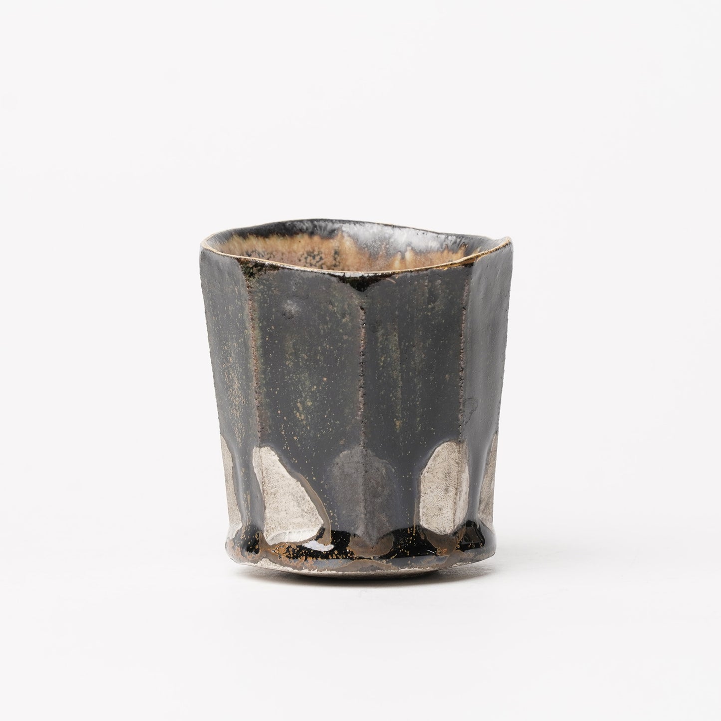 Nobuhito Nakaoka Colored Ash Glaze Guinomi Sake Cup with Silver Gold