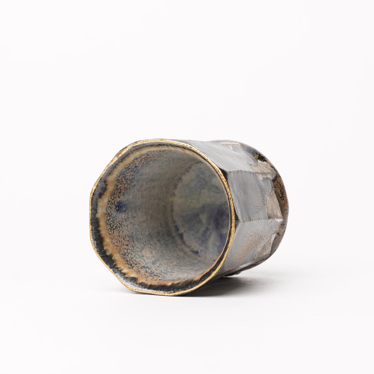 Nobuhito Nakaoka Colored Ash Glaze Guinomi Sake Cup with Silver Gold