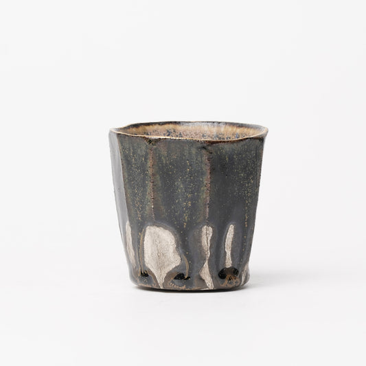 Nobuhito Nakaoka Colored Ash Glaze Guinomi Sake Cup with Silver Gold
