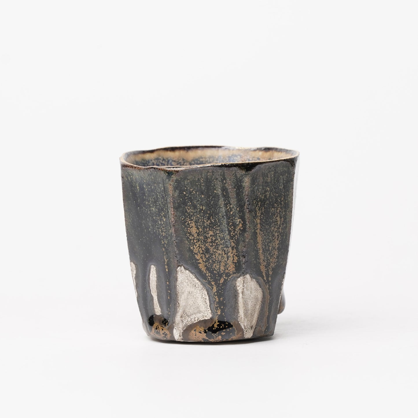 Nobuhito Nakaoka Colored Ash Glaze Guinomi Sake Cup with Silver Gold