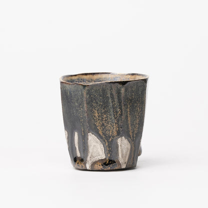 Nobuhito Nakaoka Colored Ash Glaze Guinomi Sake Cup with Silver Gold