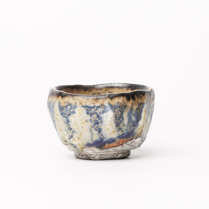Nobuhito Nakaoka Colored Ash Glaze Guinomi Sake Cup with Silver Gold