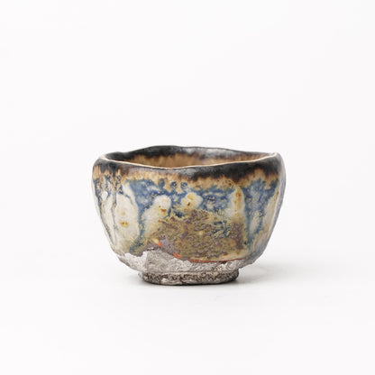 Nobuhito Nakaoka Colored Ash Glaze Guinomi Sake Cup with Silver Gold