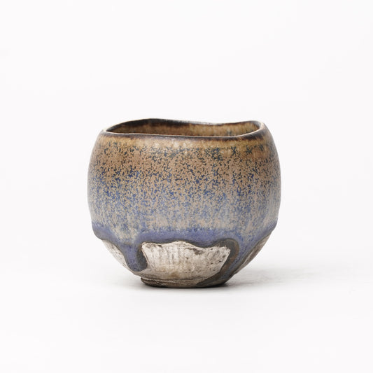Nobuhito Nakaoka Colored Ash Glaze Guinomi Sake Cup with Silver Gold